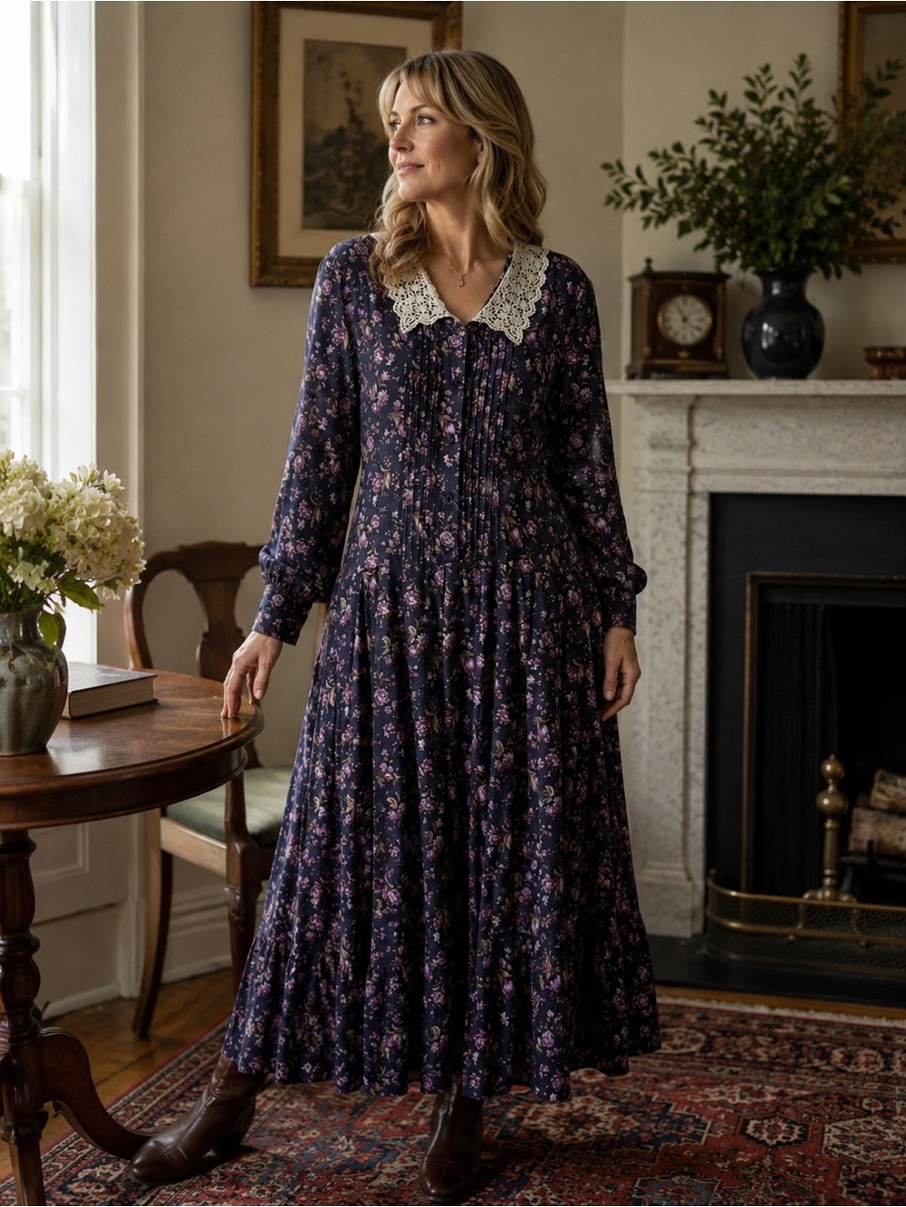 Laura Ashley Vintage 1980s Prairie Floral Maxi Dress Made in Great Britain